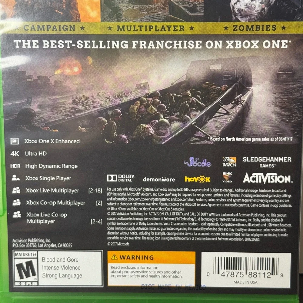 Xbox One Call of Duty WWII Video Game 4K HDR Sledgehammer Activision CIB‎